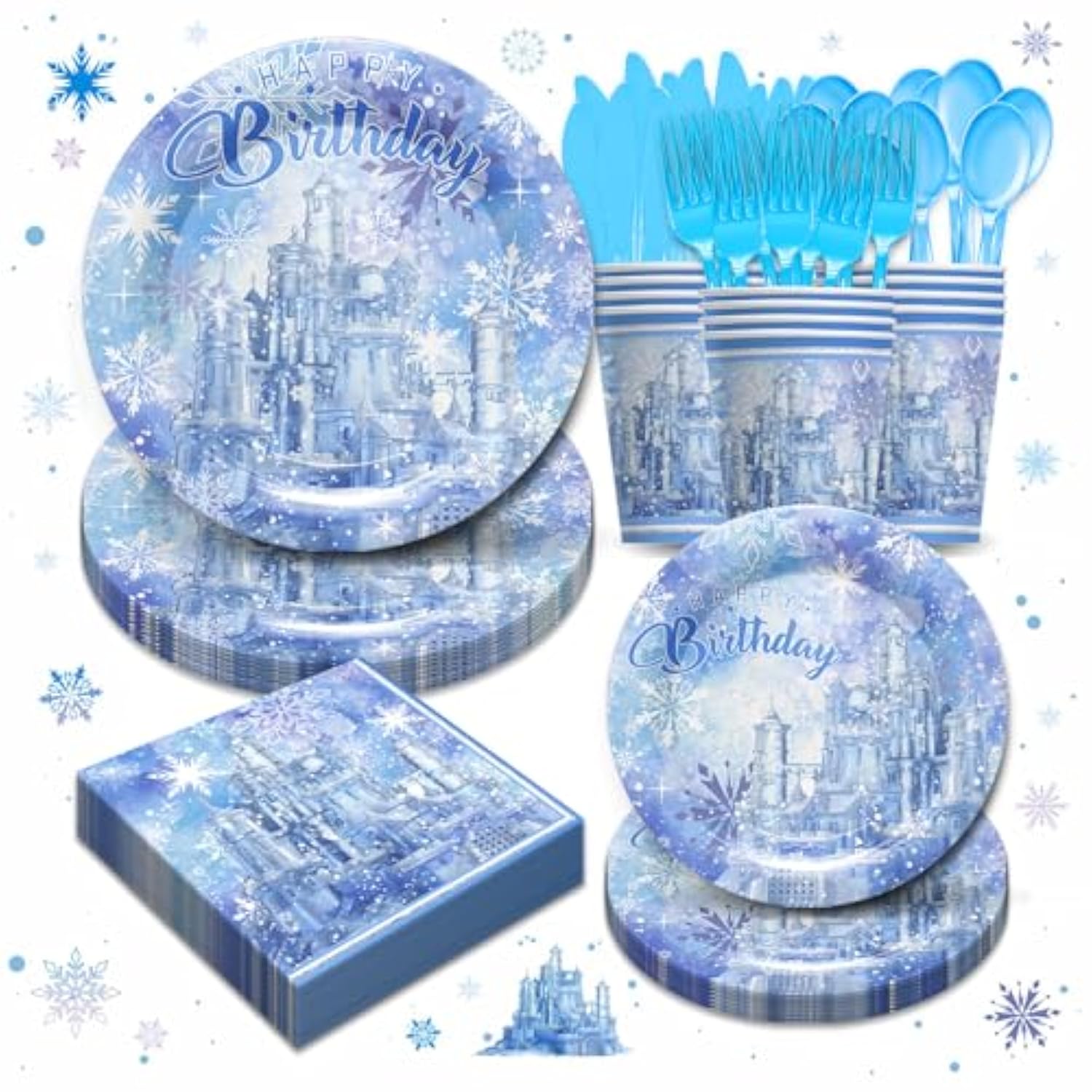 Frozen Birthday Party Supplies, Frozen Snowflake Birthday Decorations Include Plates, Cups, Napkins,Cutlery For Winter Wonderland Frozen Party Decorations | Serves 24