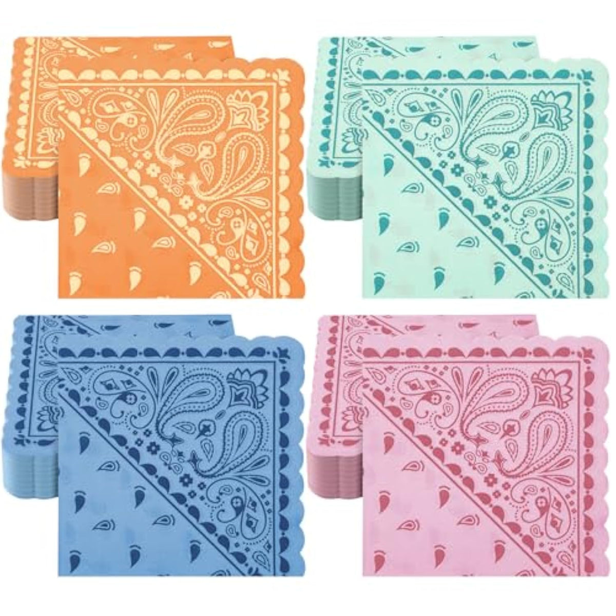 100 Pcs Western Party Bandana Napkins 2 Ply Disposable Paisley Print Scalloped Lunch Paper Napkins Bulk For Cowboy Cowgirl Birthday Wedding Party Supplies
