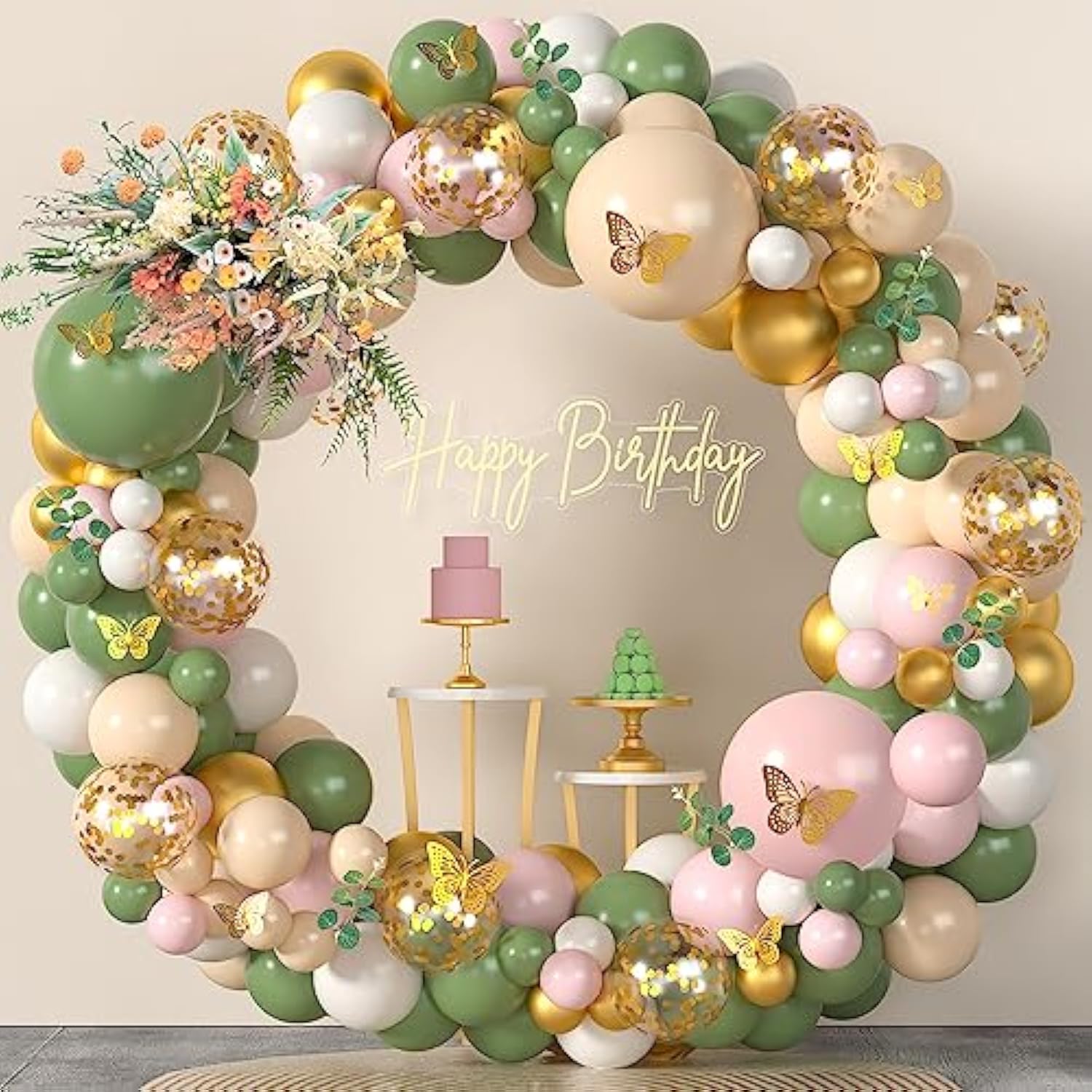 Sage Green Pink Balloon Arch Kit 153Pcs Light Pink Olive Green Blush White Gold Latex Confetti Balloons Garland Artificial Eucalyptus 3D Butterfly For Baby Shower Birthday Party Decorations