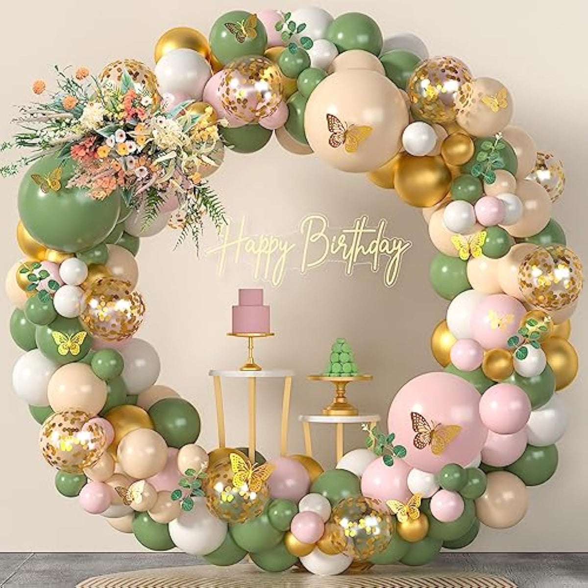 Sage Green Pink Balloon Arch Kit 153Pcs Light Pink Olive Green Blush White Gold Latex Confetti Balloons Garland Artificial Eucalyptus 3D Butterfly For Baby Shower Birthday Party Decorations