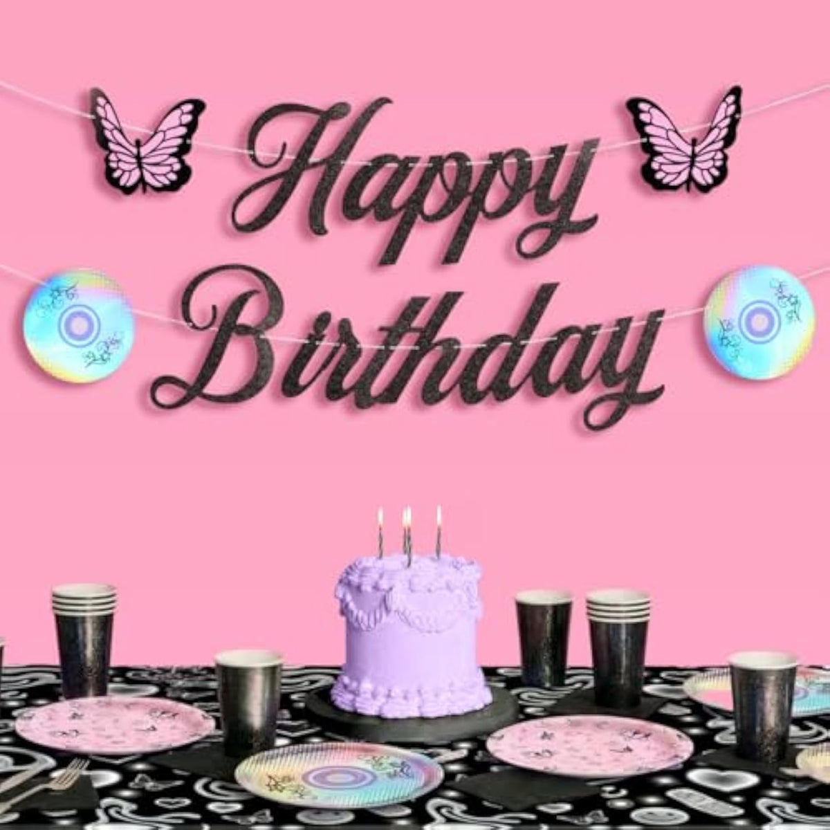 Y2K Birthday Banner - 4.5' | Early 2000S Birthday, Decorations, Butterfly Party, Black, Glitter, Retro, 90S, Cd Decor