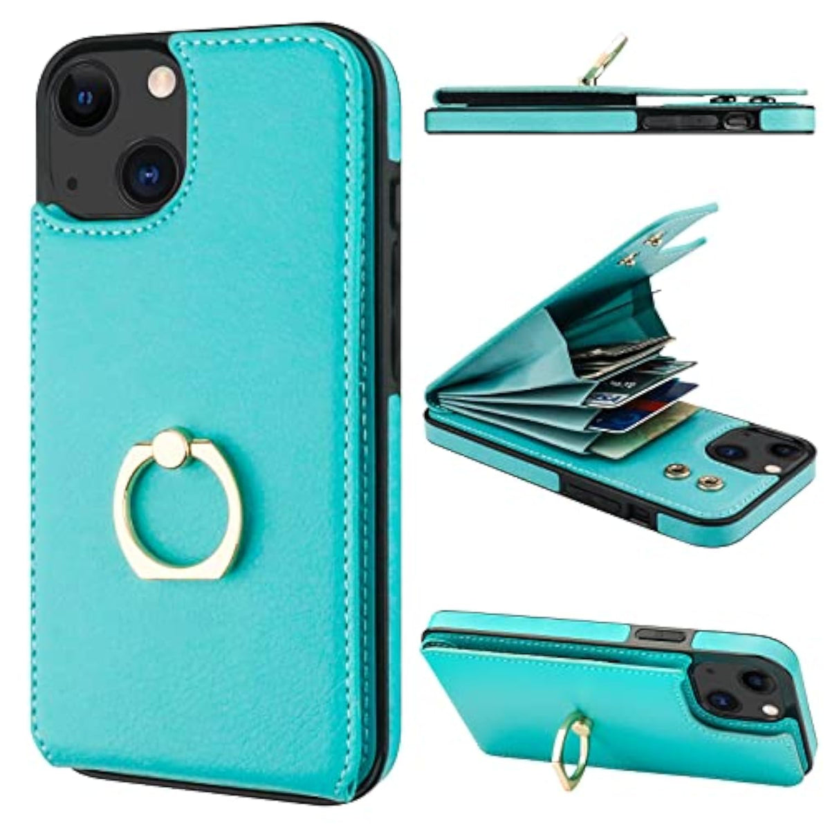 Compatible With Iphone 14 Case Wallet With Card Holder, 360°Rotation Finger Ring Holder Kickstand, Rfid Blocking Leather Protective Double Buttons Shockproof Cover 6.1 Inch Green