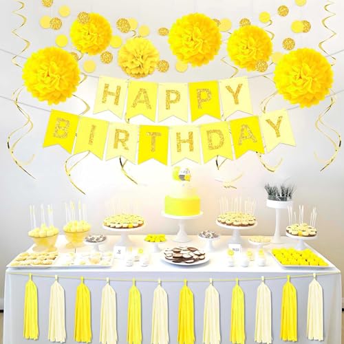 Yellow Tissue Paper Pom Poms 12Pcs- Hanging Paper Flowers for Wedding Birthday Graduations Christmas and Special Occasions(10 & 12 inch)