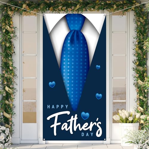 Happy Father’s Day Door Cover First Fathers Day Photo Backdrop Blue Necktie Super Dad Fathers Day Party Decorations and Supplies for Home Party-71×35''
