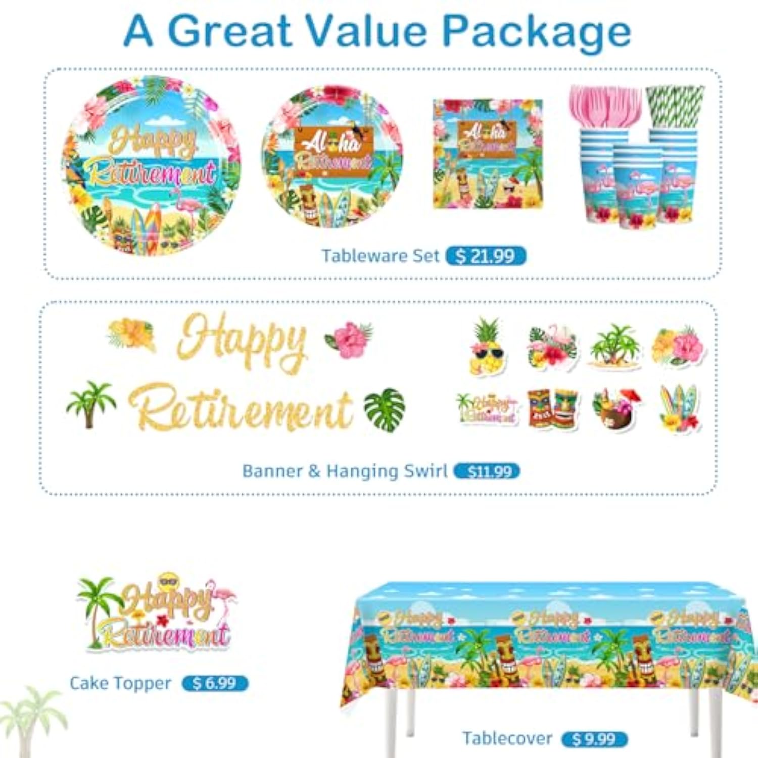 Tropical Retirement Party Decorations, Luau Aloha Hawaiian Beach Themed Retirement Party Supplies Including Banner Paper Plates And Napkins Sets Cake Toppers And 2 Pcs Tablecloth