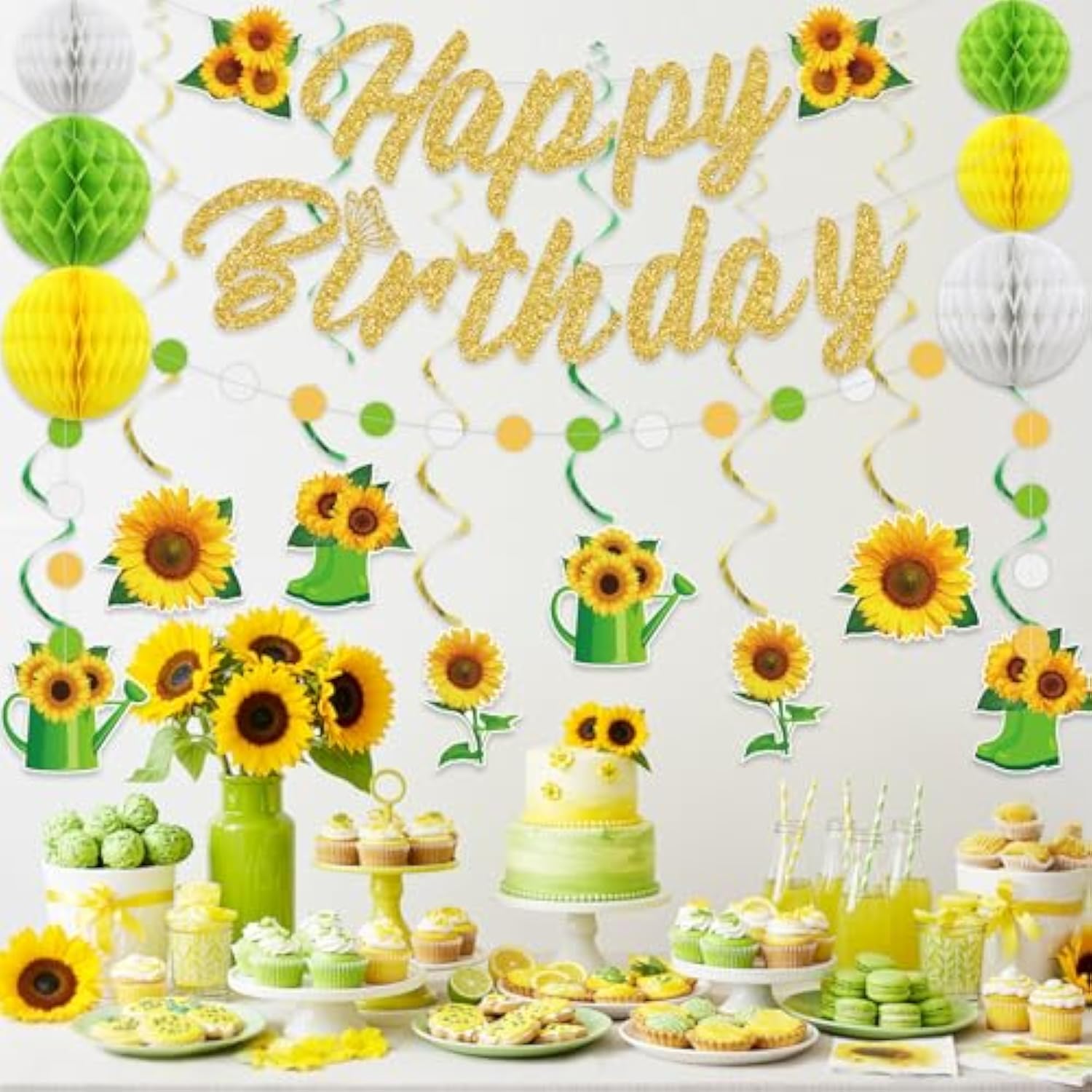 Sunflower Birthday Party Decorations, Yellow Green Birthday Decorations Inlcudes Sunflower Banner Honeycomb Balls Hanging Swirls For Party Supplies