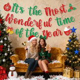 It'S The Most Wonderful Time Of The Year Banner,Glitter Pre-Strung Merry Christmas Banner With Christmas Bell Holly Berries Hot Cocoa Coffee Cup Sign For Winter Party,Happy Holidays Decorations