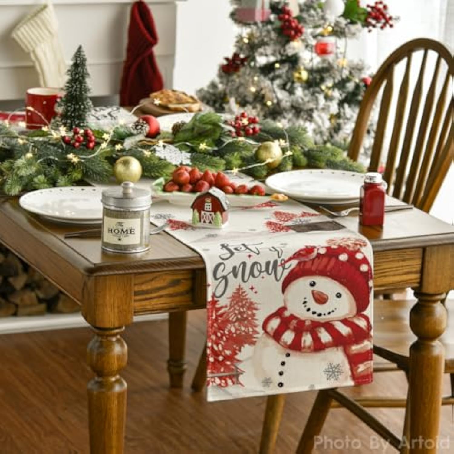 Xmas Trees Let It Snow Red Snowman Christmas Table Runner, Seasonal Winter Holiday Kitchen Dining Table Decoration For Home Party Decor 13X72 Inch