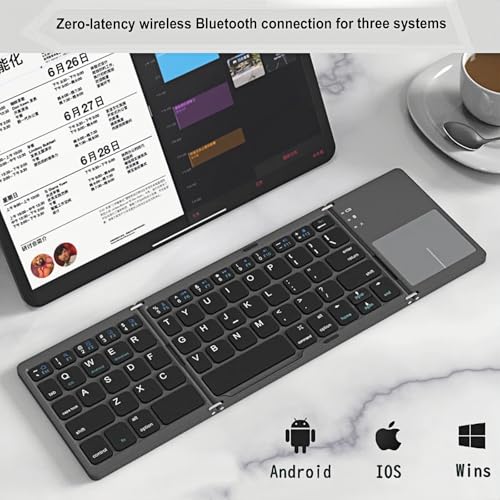 Foldable Bluetooth Keyboard With Touchpad, Portable Wireless Keyboard Rechargeable Full Size Ultra Slim Pocket Folding Key Board For Android Windows Ios Tablet & Laptop-Grey