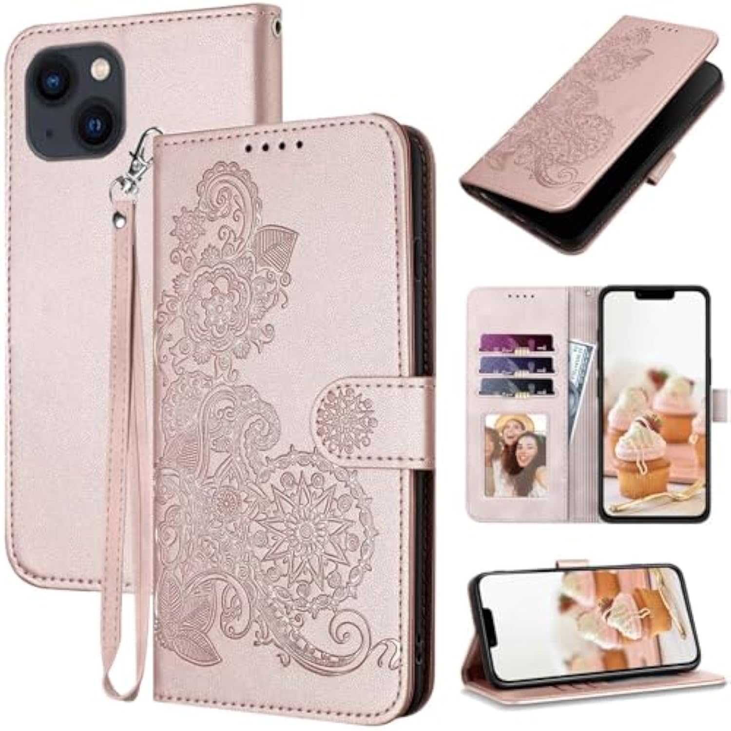 For Iphone 14 Case Wallet, Cute Floral Pattern Leather For Women Girl, Card Holder Kickstand Flip Cases, Wrist Strap, Magnetic Closure, Shockproof Protective Cover (Rose Gold)