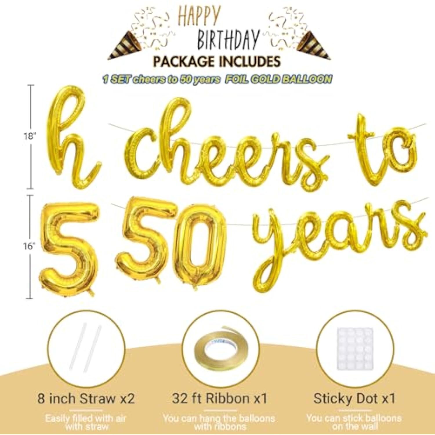Cheers To 50 Years Banner 16 Inch Gold Foil 50Th Birthday Balloon Decorations For Him/Her 50Th Birthday Party 50 Years Anniversary Decorations 50Th Wedding Party Supplies For Men/Women