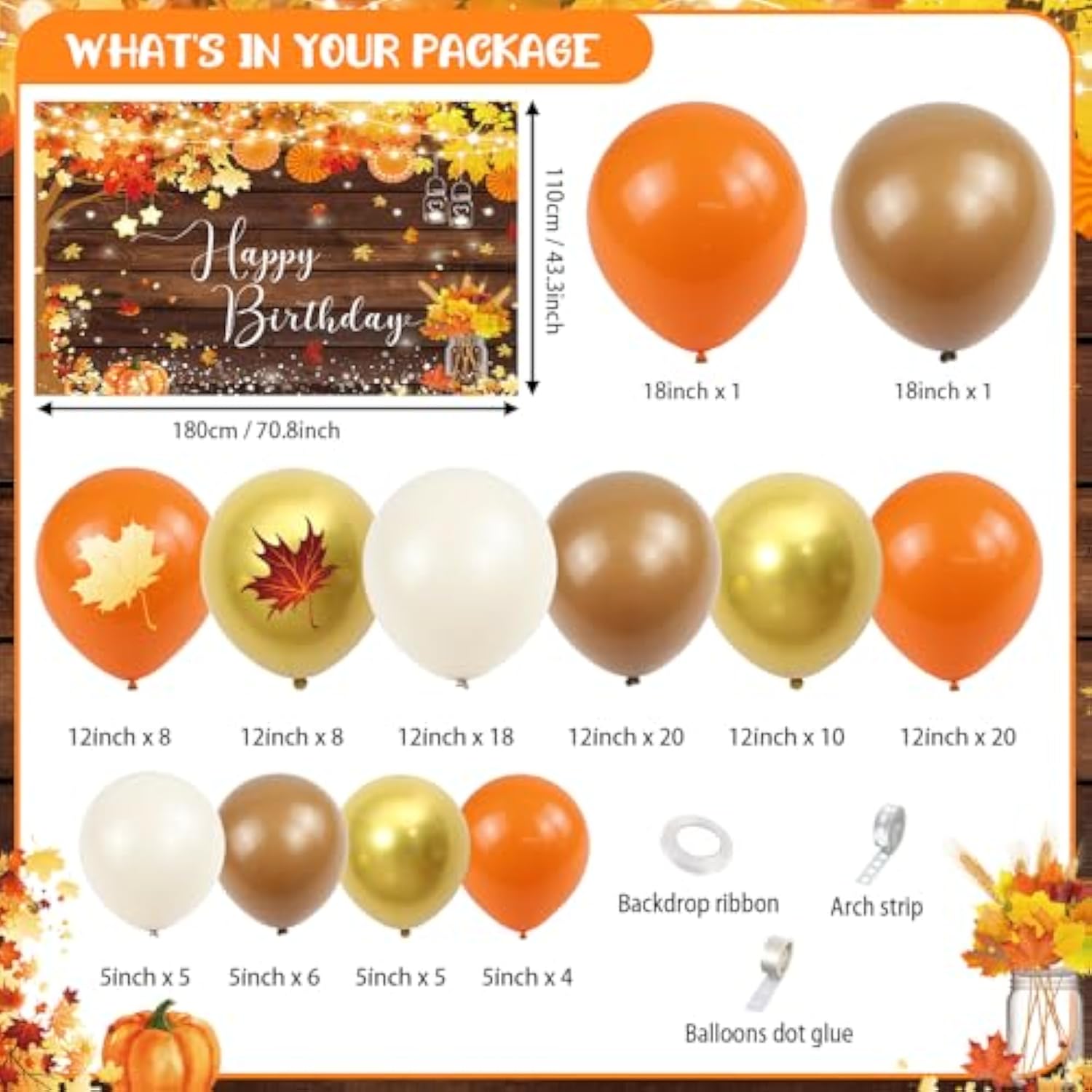 110PCS Fall Birthday Balloon Arch Kit with Maple Leaf Balloons and Rustic Backdrop