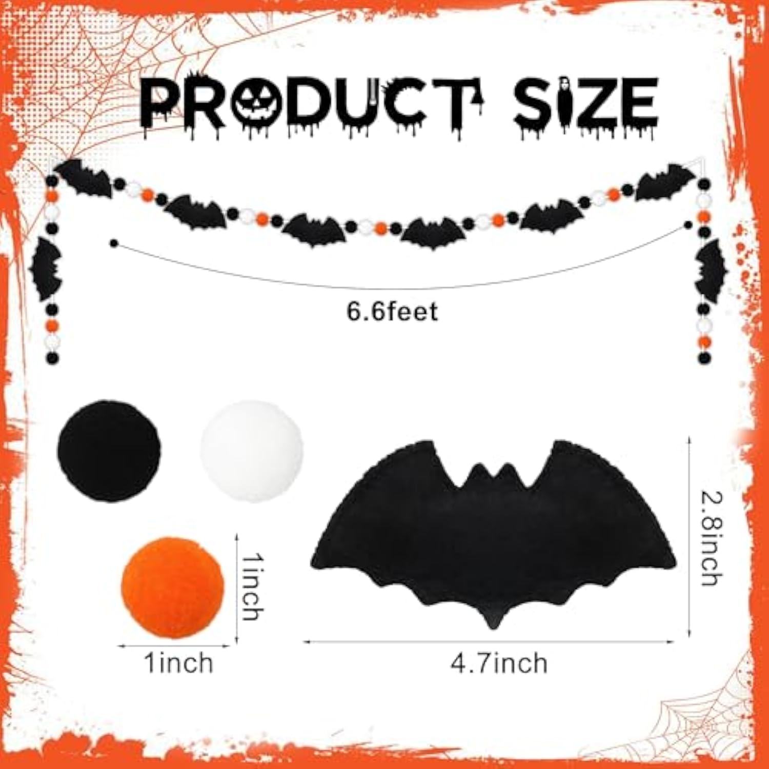 6.6Ft Halloween Felt Bats Banner Pre Strung 3D Bat Garland Pompom Ball Hanging Decor