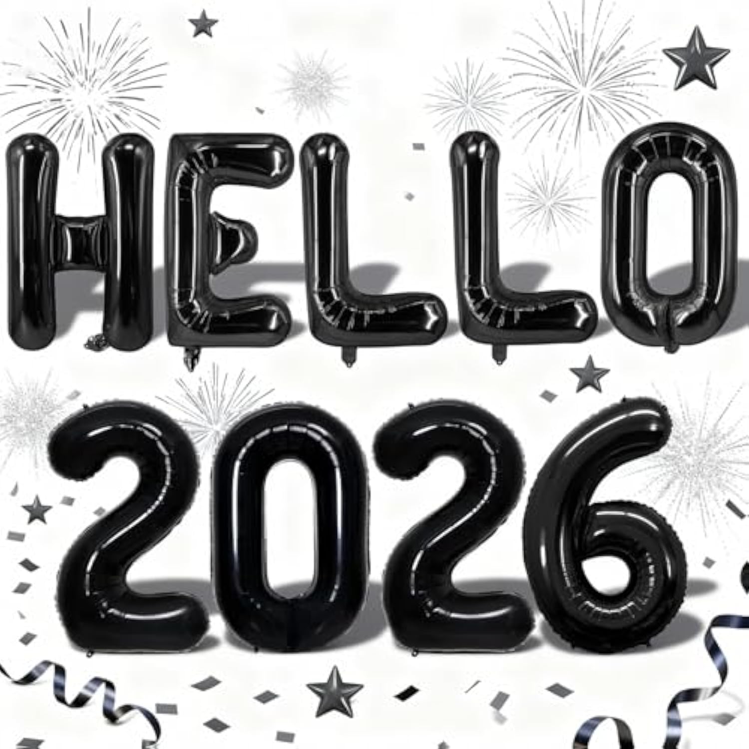 16in Black Hello 2026 Foil Number Balloons Happy New Year Party Decorations
