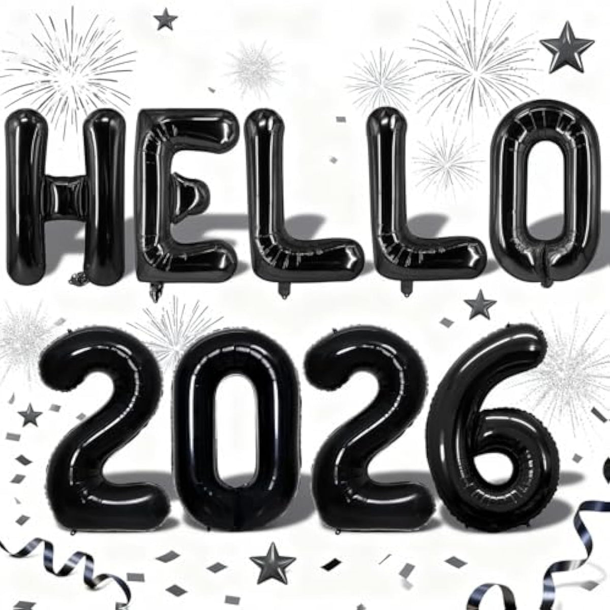 16in Black Hello 2026 Foil Number Balloons Happy New Year Party Decorations