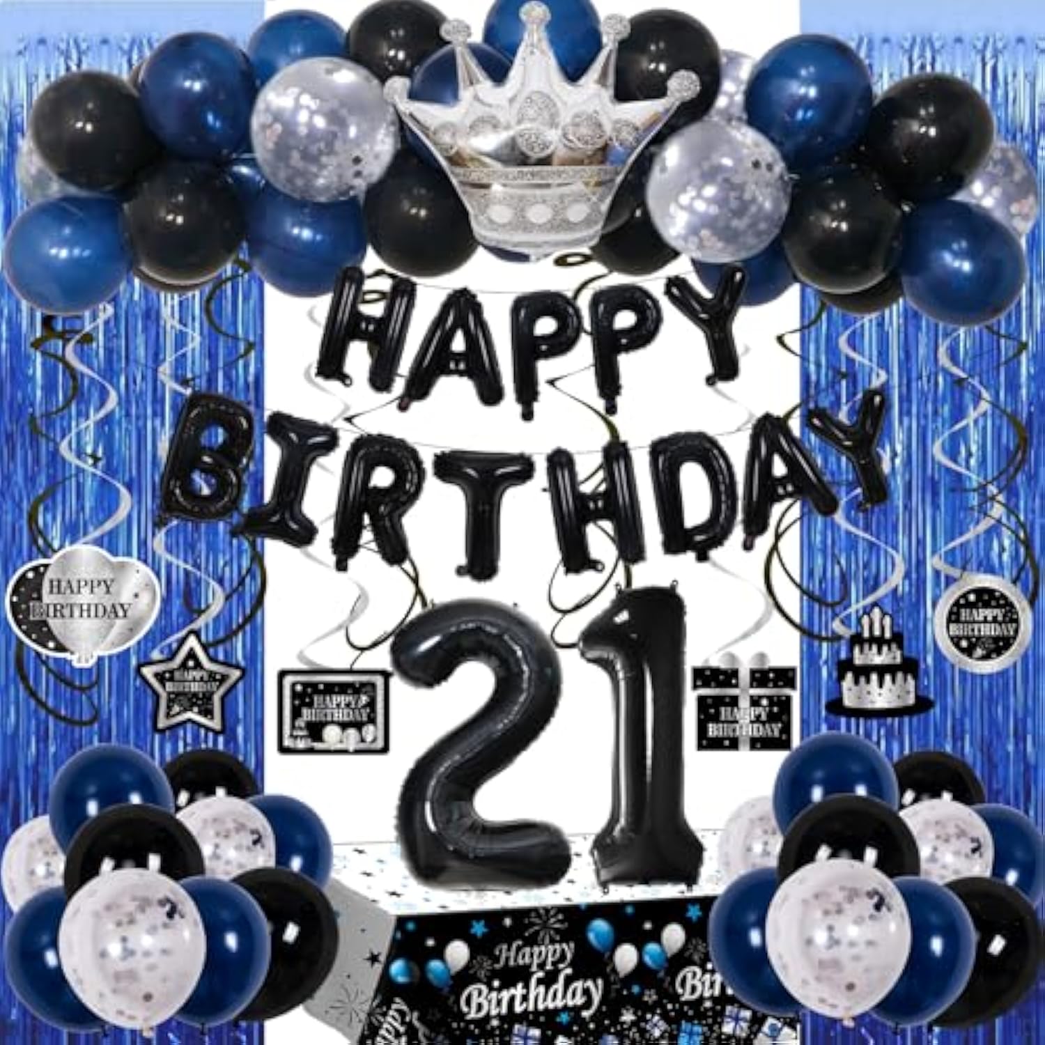 21St Birthday Decorations For Him, Blue Black Happy 21St Birthday Decorations For Men Women 21 Year Old Birthday Balloons Banner, Tablecloth, Fringe Curtains Hanging Swirls 21 Bday Party Decor For Her