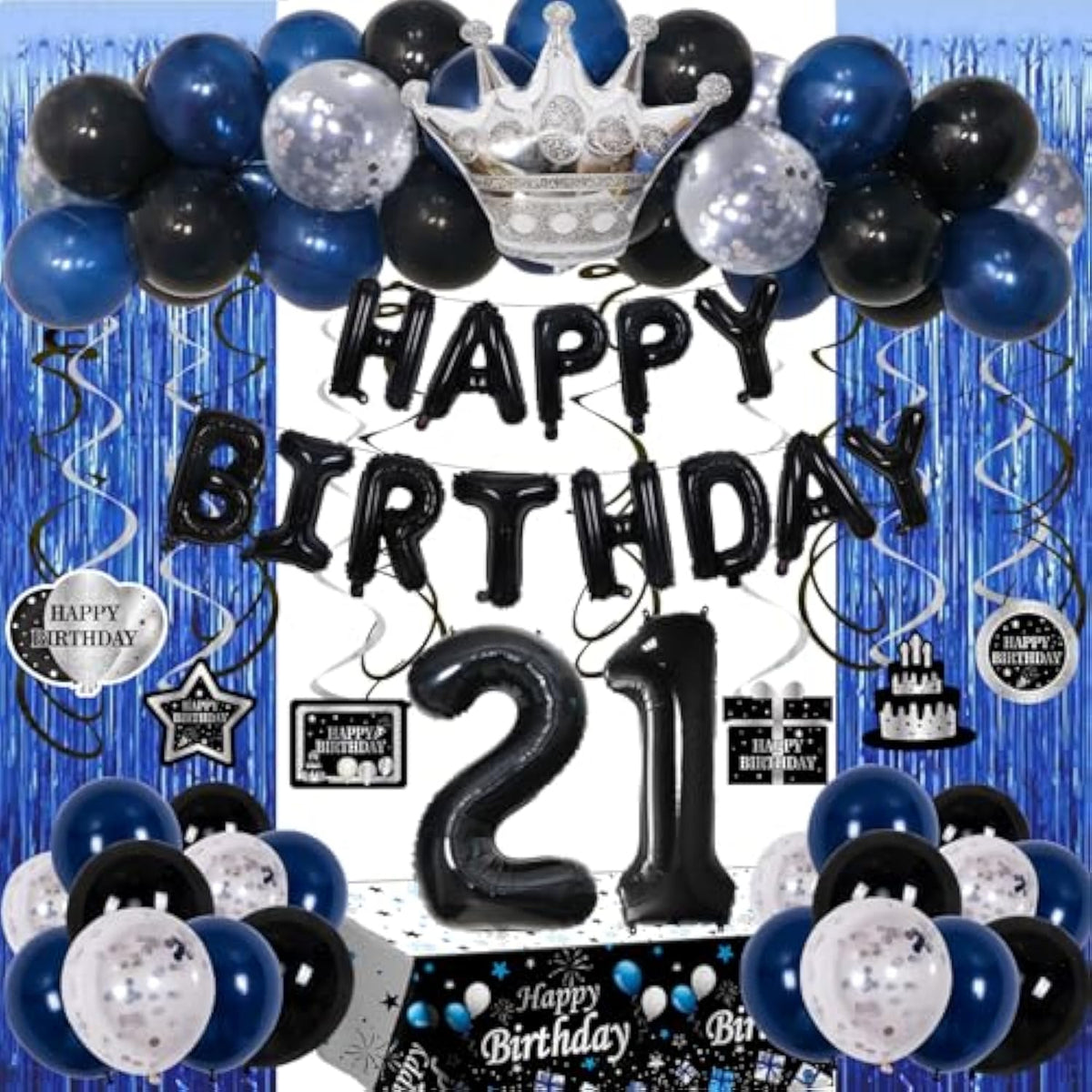 21St Birthday Decorations For Him, Blue Black Happy 21St Birthday Decorations For Men Women 21 Year Old Birthday Balloons Banner, Tablecloth, Fringe Curtains Hanging Swirls 21 Bday Party Decor For Her