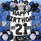 21St Birthday Decorations For Him, Blue Black Happy 21St Birthday Decorations For Men Women 21 Year Old Birthday Balloons Banner, Tablecloth, Fringe Curtains Hanging Swirls 21 Bday Party Decor For Her