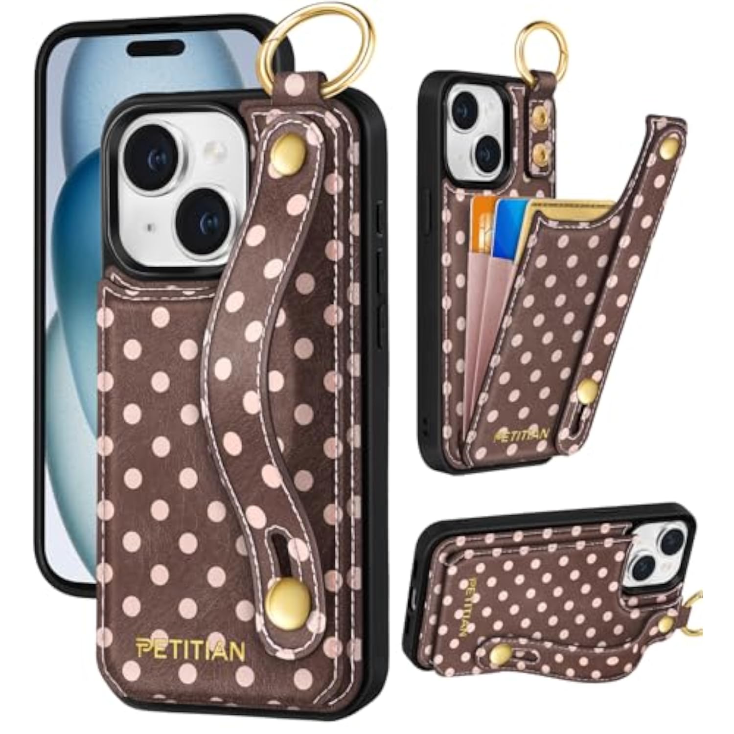 Brown Polka Dot Leather Wallet Case for iPhone 15 Plus for Women