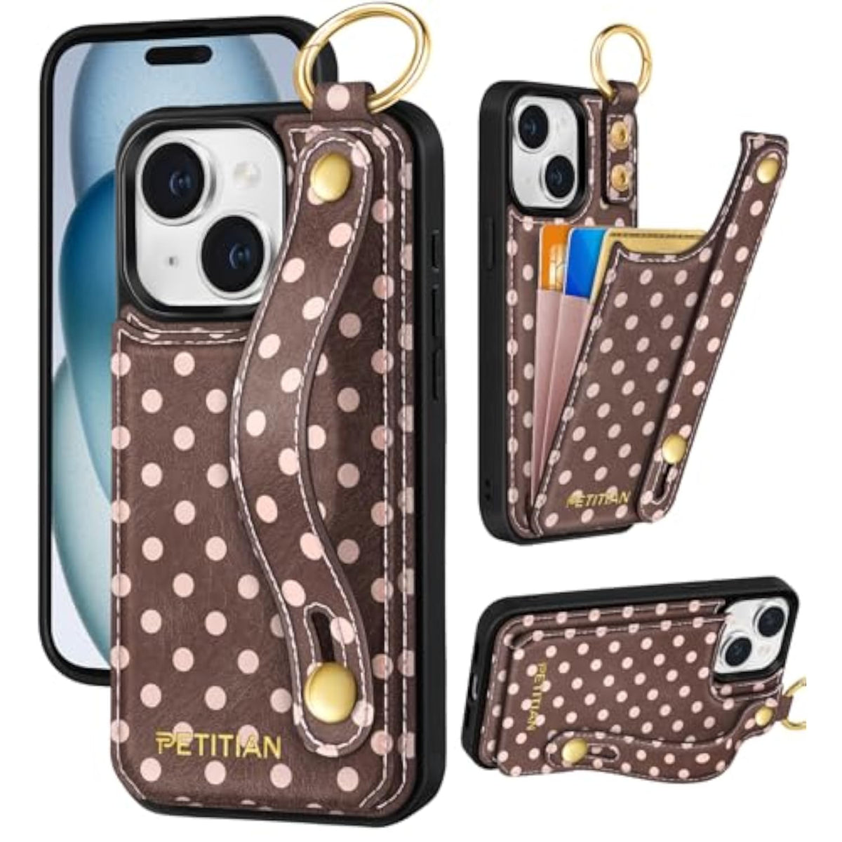 Brown Polka Dot Leather Wallet Case for iPhone 15 Plus for Women