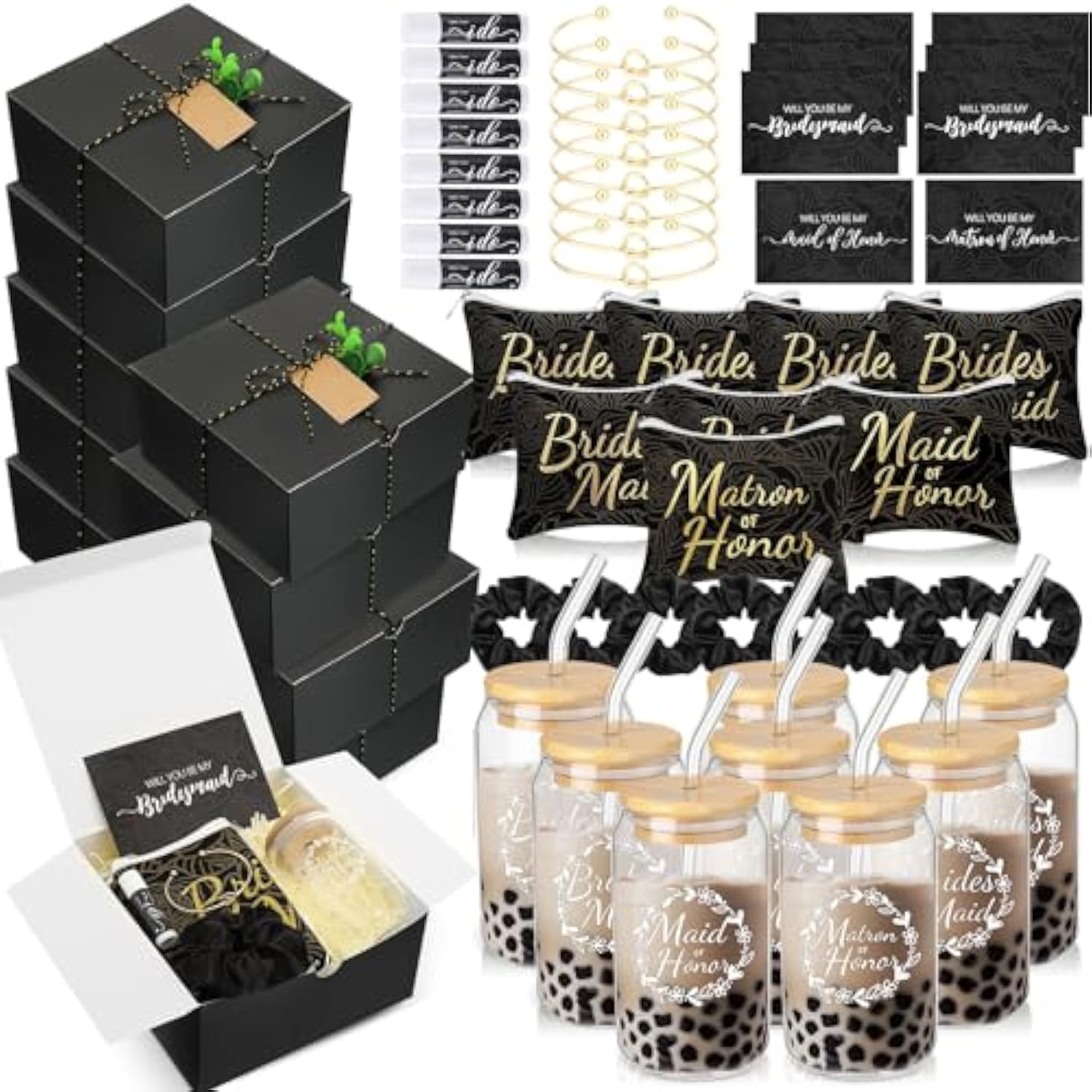 Bridesmaid Proposal Gift Set 72pcs Boxes Cups Makeup Bags Lip Balm Scrunchies