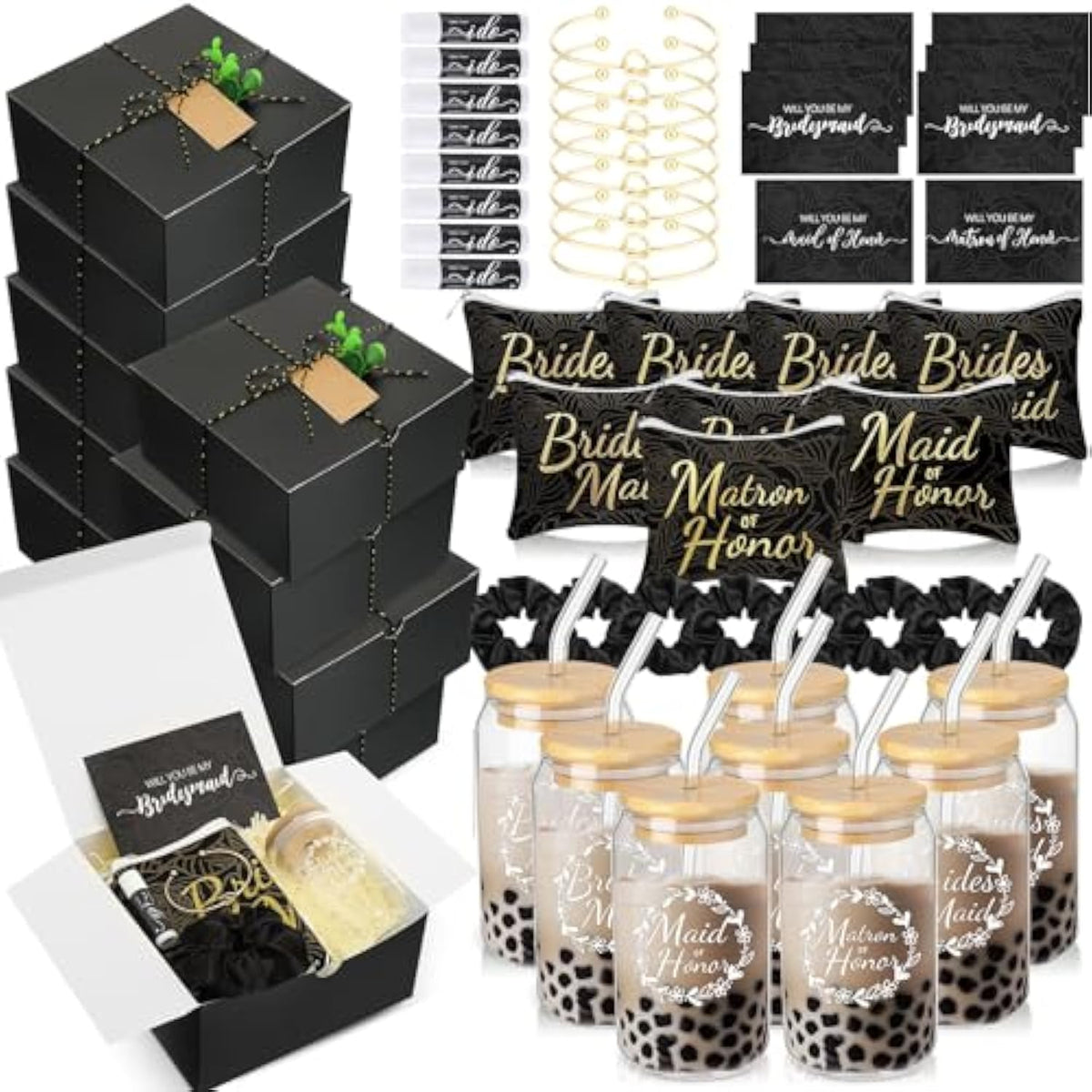 Bridesmaid Proposal Gift Set 72pcs Boxes Cups Makeup Bags Lip Balm Scrunchies