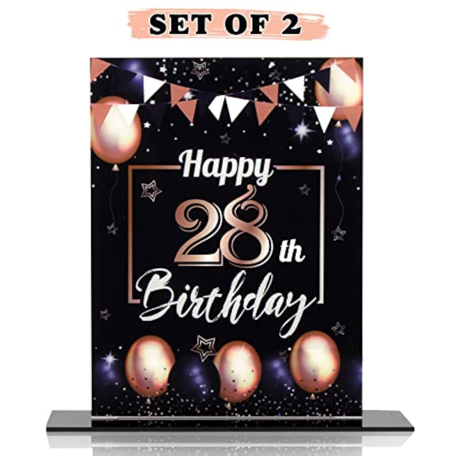 Happy 28Th Birthday Black & Gold Balloon Acrylic Table Poster Centerpi