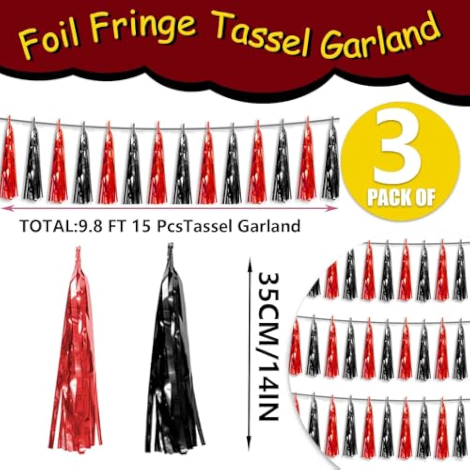 3P Metallic Fringe Tassel Banner Garland Foil Tinsel Streamer Wall Hanging Curtain Backdrop Banner For Parade Floats, Halloween Decorations, Christmas Day Party Decoration(Black Red)