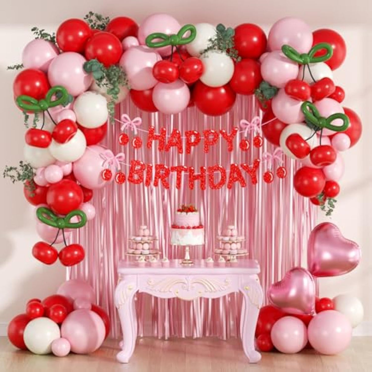 Cherry Birthday Decorations Red, Pink, White Balloons & Fringe Curtain Banner