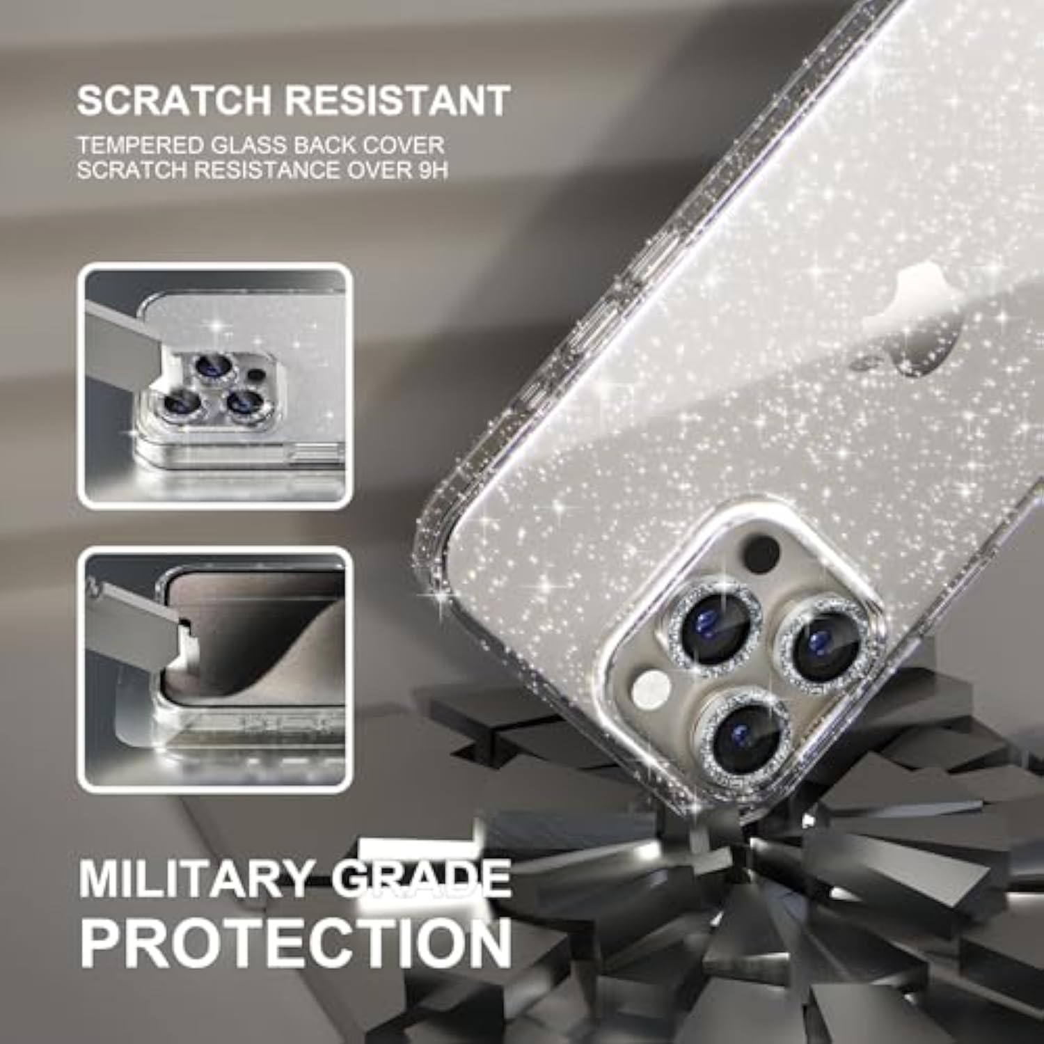 Compatible For 15 Pro Max Case, Women Cute Clear Glitter Bling Sparkly Case, [3 X Diamond Camera Lens Protectors] [2 X Tempered Glass Screen Protectors] 6.7-Inch (Glitter Clear)