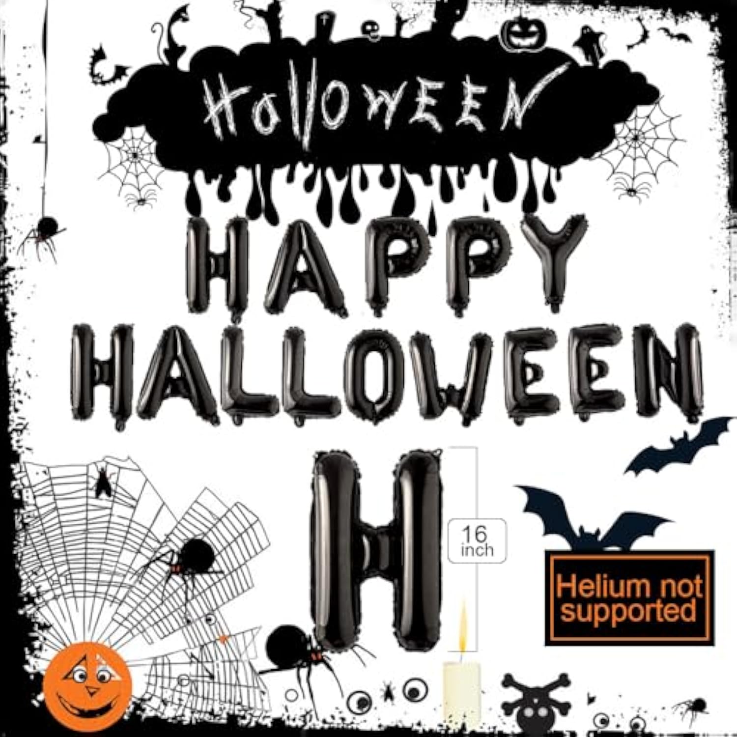 14Pc Black Happy Halloween Foil Balloon Banner – Party Decoration Set
