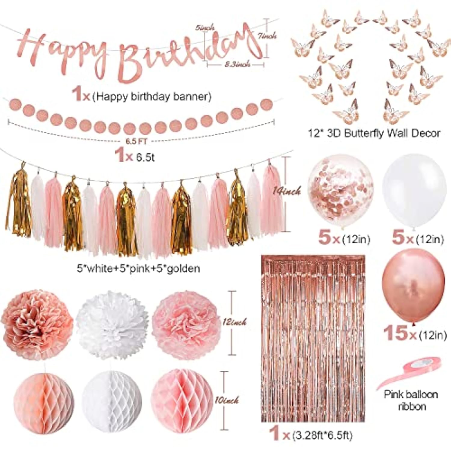 Upgraded Rose Gold Pink Party Decorations With Happy Birthday Banner, Curtains, Butterfly Wall, Circle Dots Garland, Tissue Pompoms, Paper Tassels Garland For Women'S Party Decorations