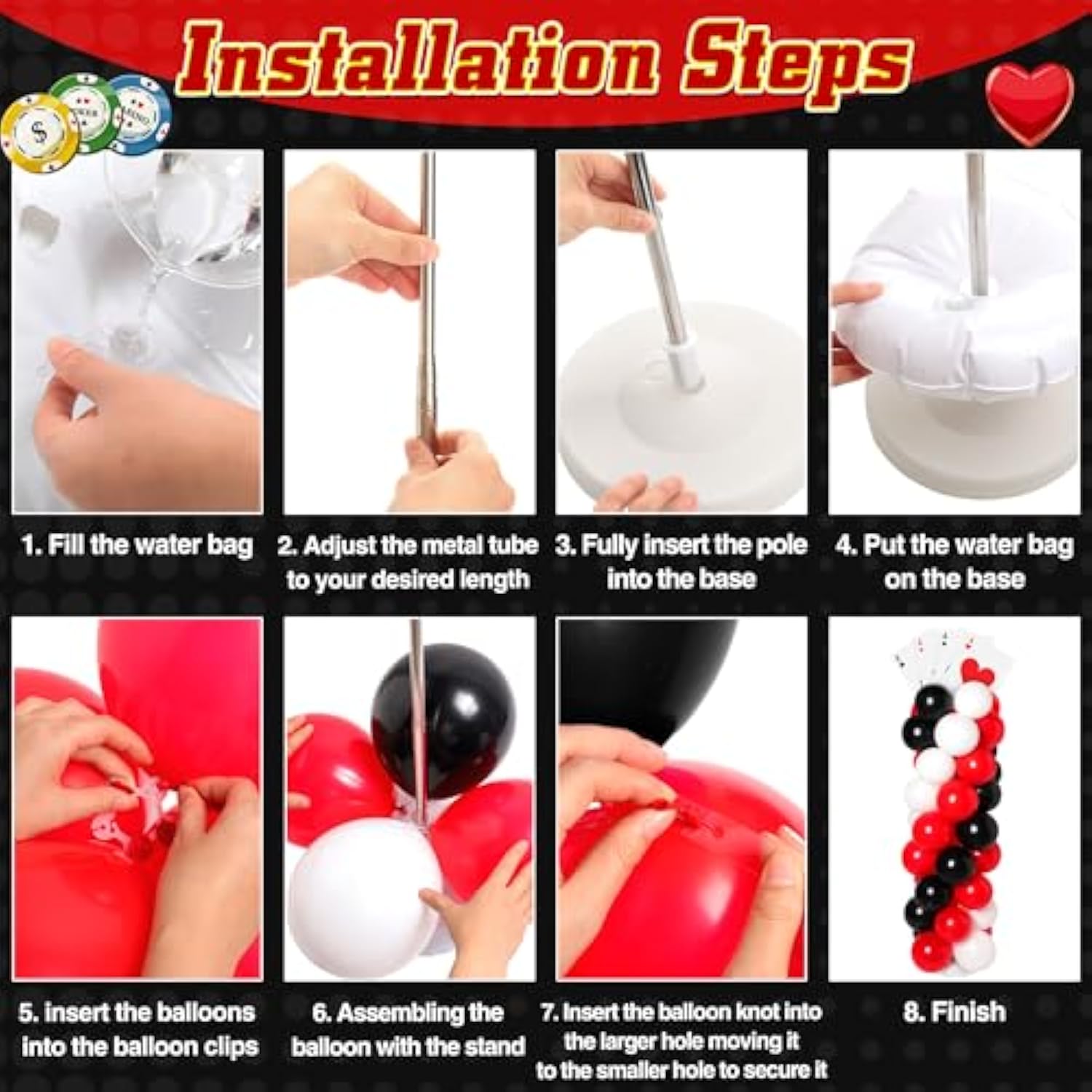 2 Sets Casino Theme Party Decoration Adjustable Poker Themed Balloon Column Stand Kit 8 Pcs Jumbo Poker Cards 129 Pcs Balloon Set For Las Vegas Game Night Birthday Party Supplies(Red Black And White)