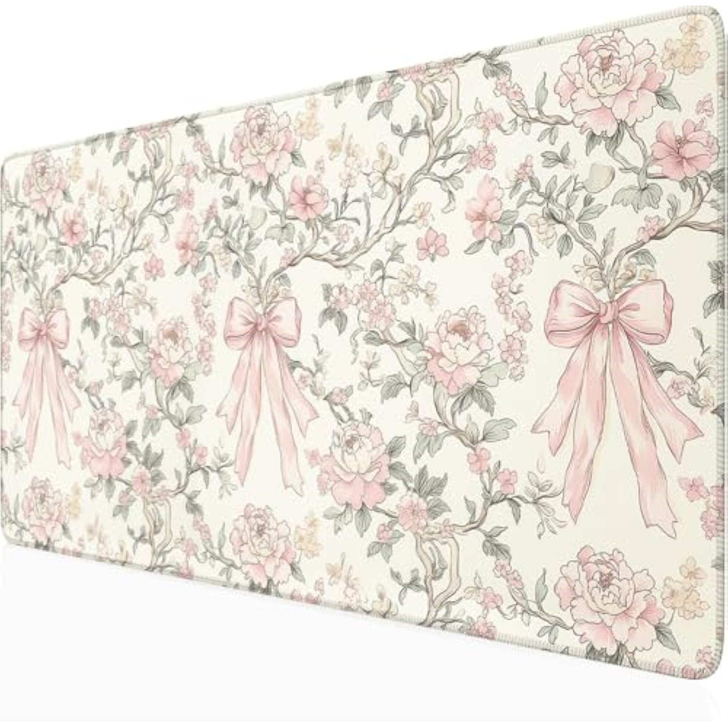 Floral Desk Mat Vintage Chinoiserie Large Mouse Pad Coquette Aesthetic Office Decor Flower Pink Bow Gaming Pad Cottagecore Desk Decor 31.5X15.7 In