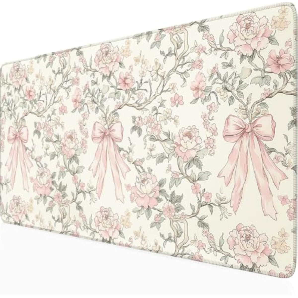 Floral Desk Mat Vintage Chinoiserie Large Mouse Pad Coquette Aesthetic Office Decor Flower Pink Bow Gaming Pad Cottagecore Desk Decor 31.5X15.7 In