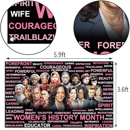 Women’s History Month Photo Booth Backdrop Pink National March Women's Day Decoration School Classroom Bulletin Board Decor (5.9×3.6ft)
