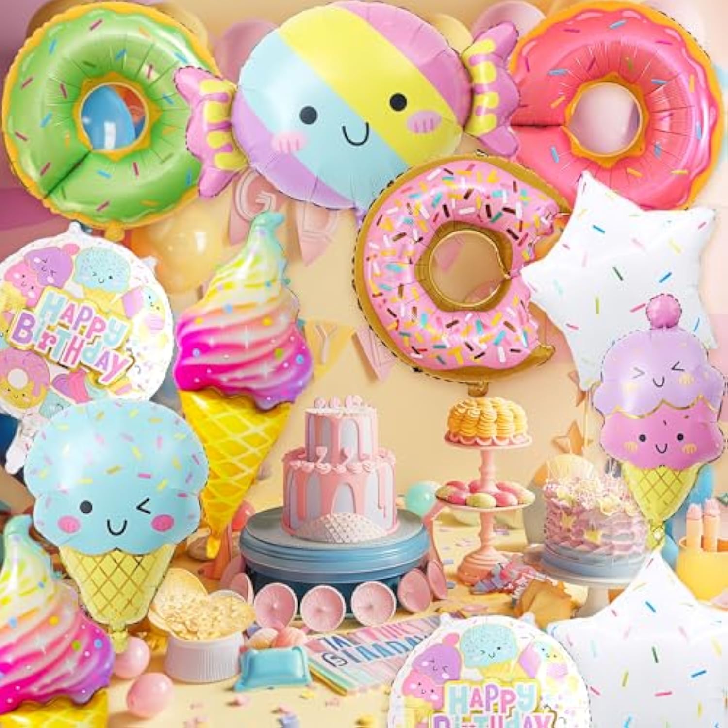 12 Pcs Large Donut Candy Ice Cream Theme Balloons, Ice Cream Party Decorations, Foil Mylar Balloons For Summer, Hawaii, Birthday, Baby Shower Party Supplies