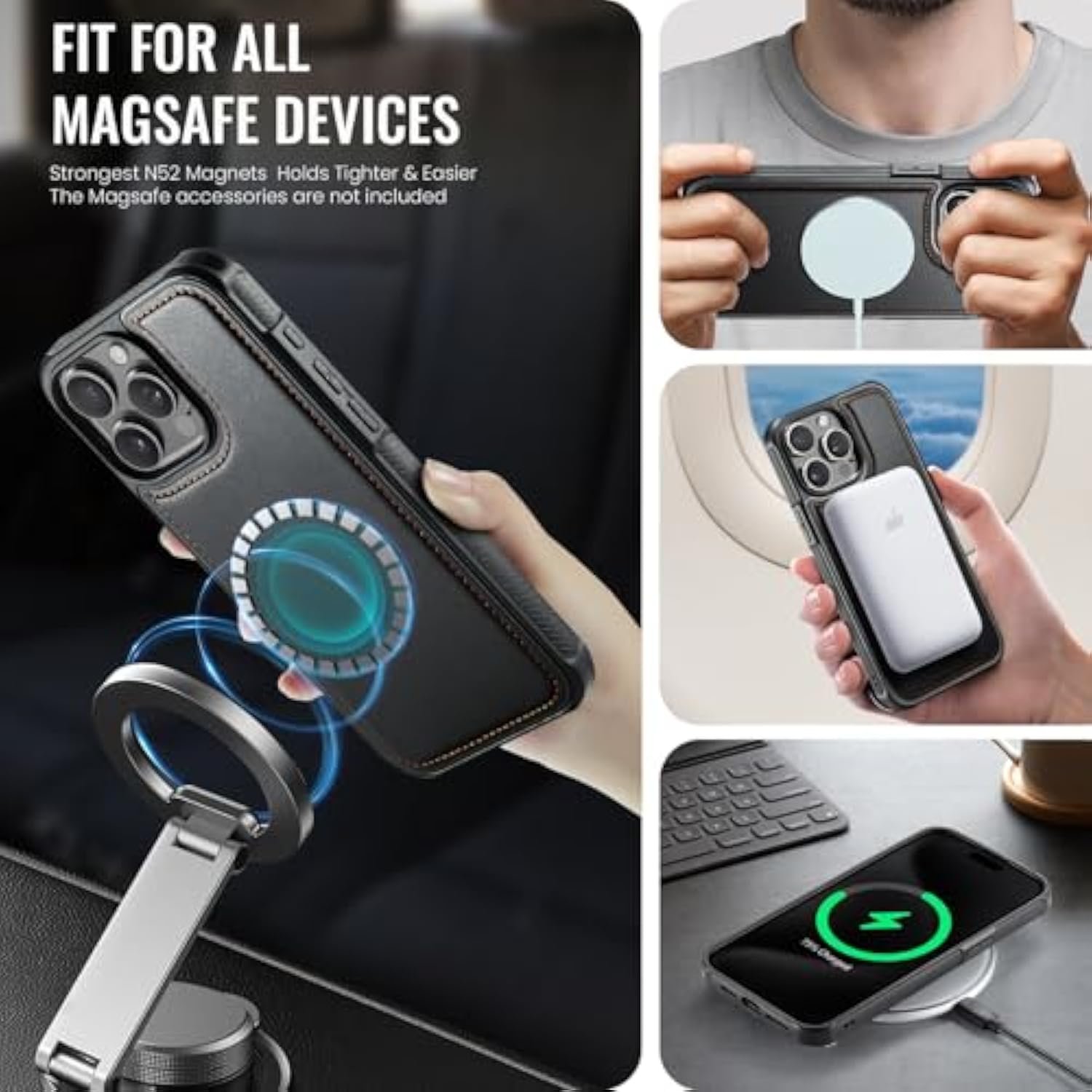 Compatible With Magsafe Wireless Charing For Iphone 15 Pro Max 6.7" Wallet Case, Rfid Blocking Card Holder 2 In 1 Detachable Wallet Kickstand Shockproof Case, Black