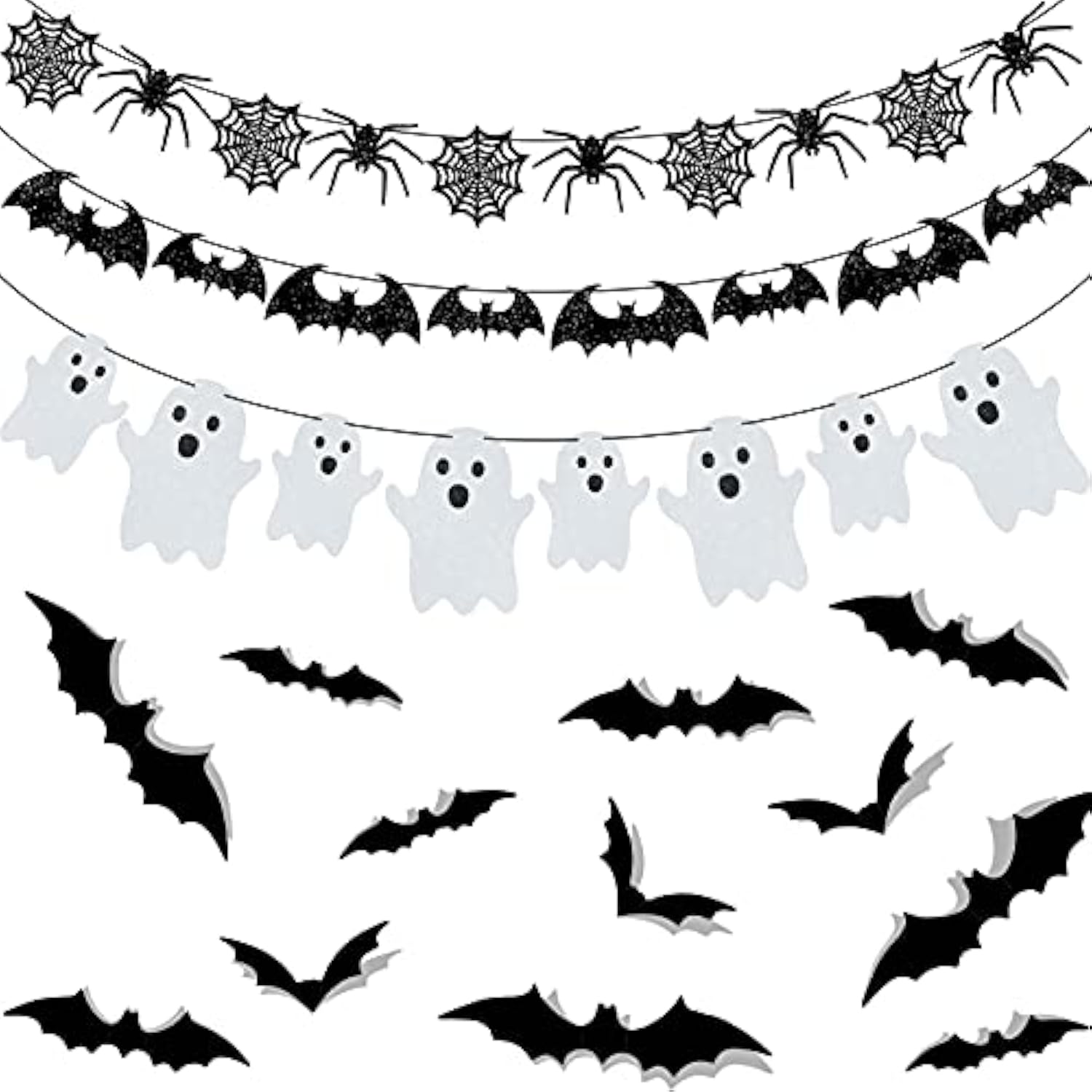 Glitter Halloween Banner Set: Bats, Spiders, Ghosts & 3D Bat Stickers