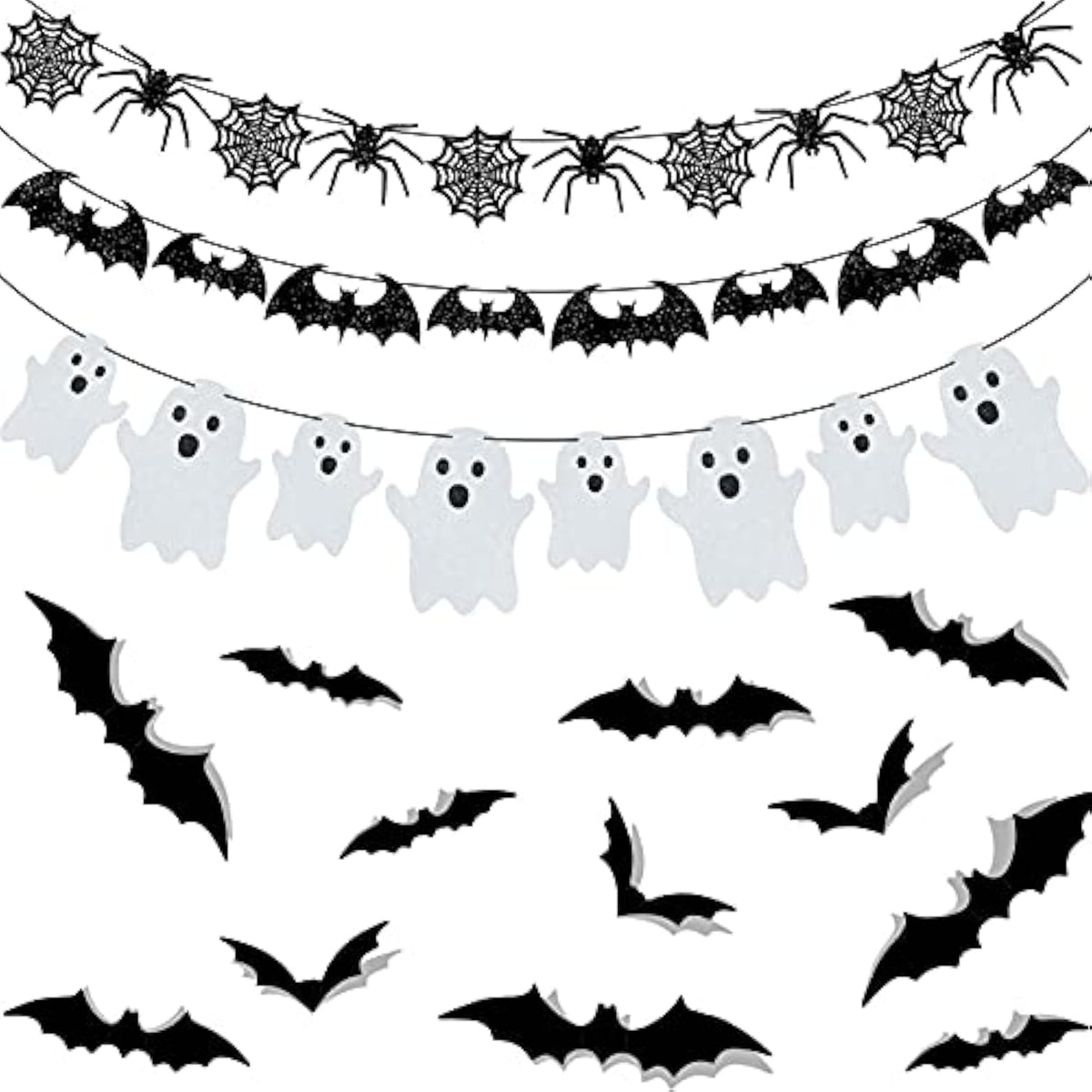 Glitter Halloween Banner Set: Bats, Spiders, Ghosts & 3D Bat Stickers