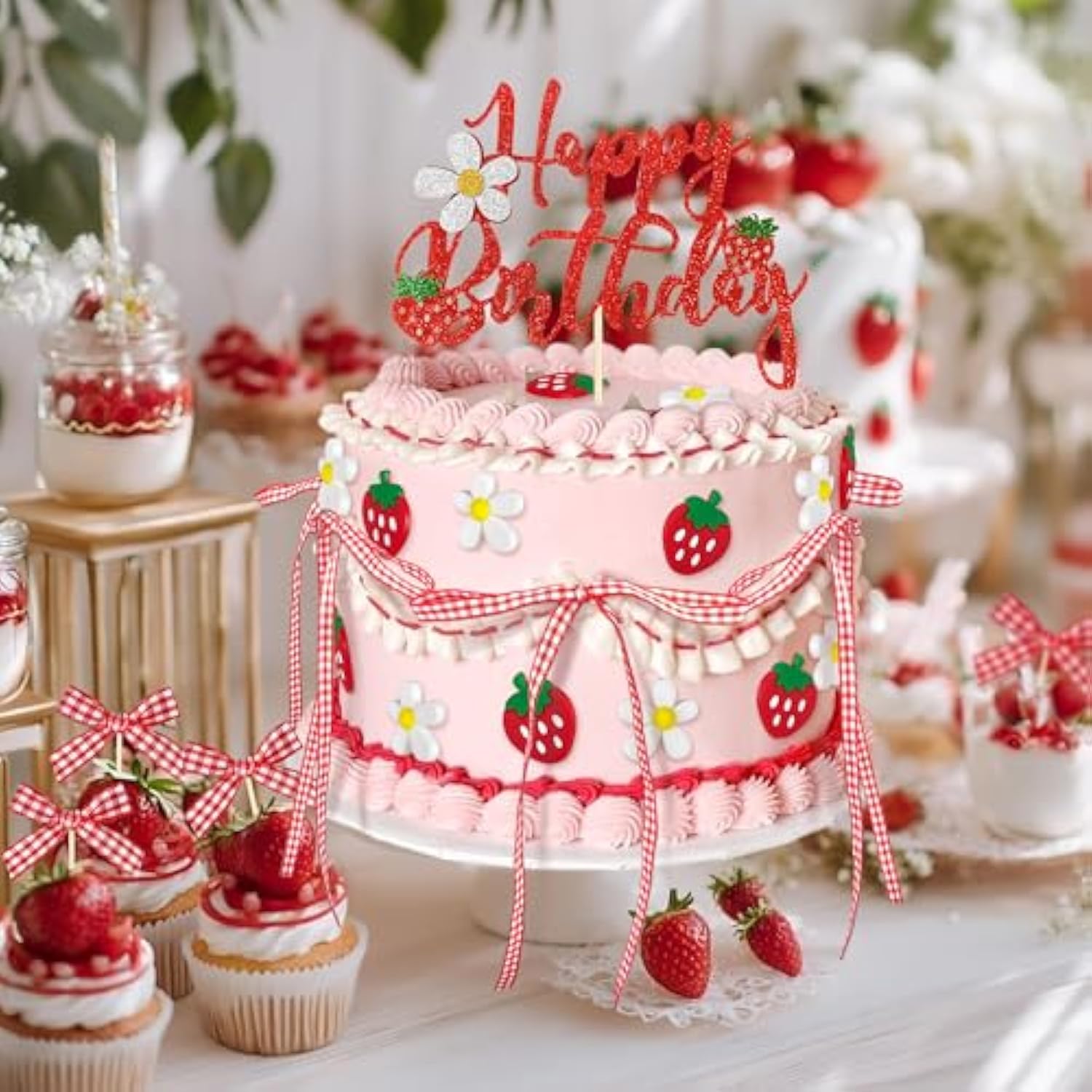 71Pc Strawberry Bow Cake Decorations Set Toppers for Birthday/Shower/Graduation