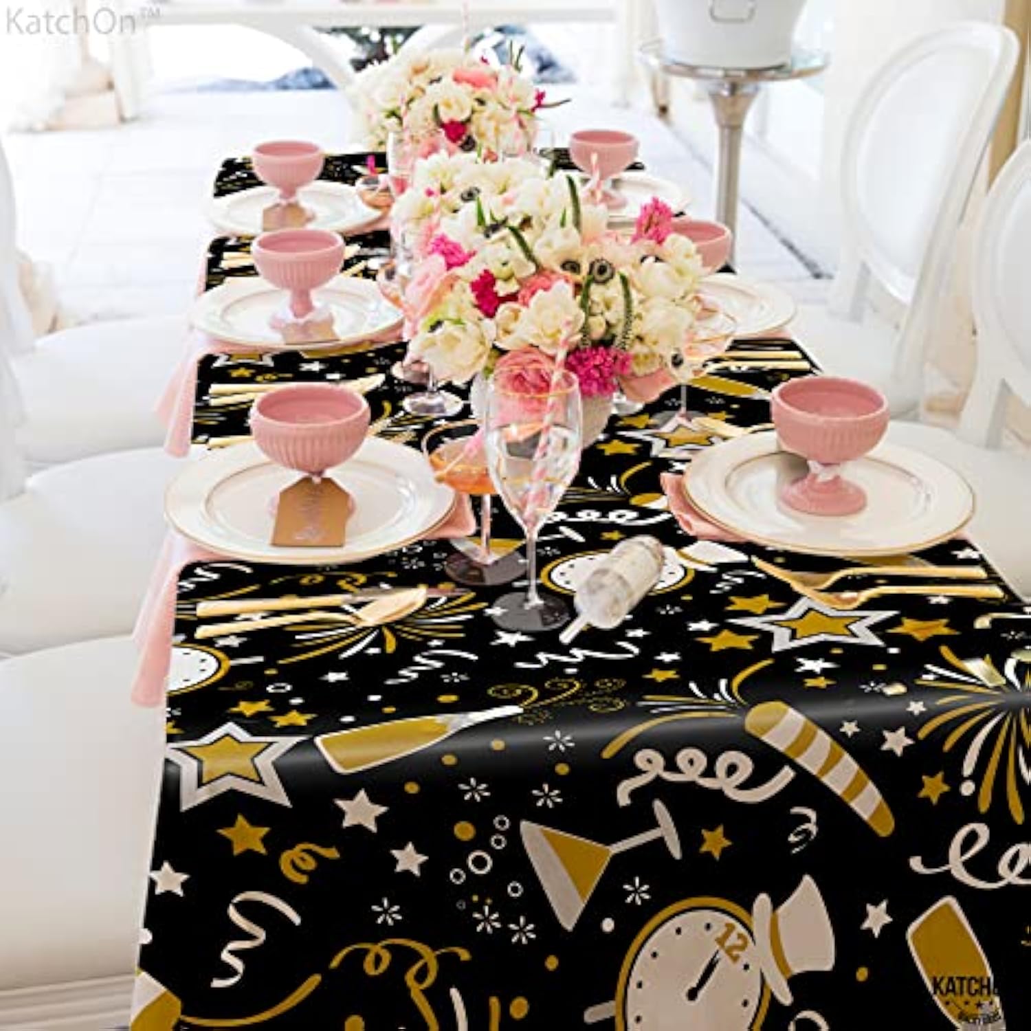 3 Pcs 108x54 Inch Black Gold Happy New Year Tablecloths 2026 Disposable Party Decor