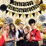 Happy New Years Decorations 2026, Black And Gold New Years Banner, Triangle Flag Banner And Hanging Swirls, Pompoms With Confetti Balloons, Glasses, Eve Party Supplies 2026