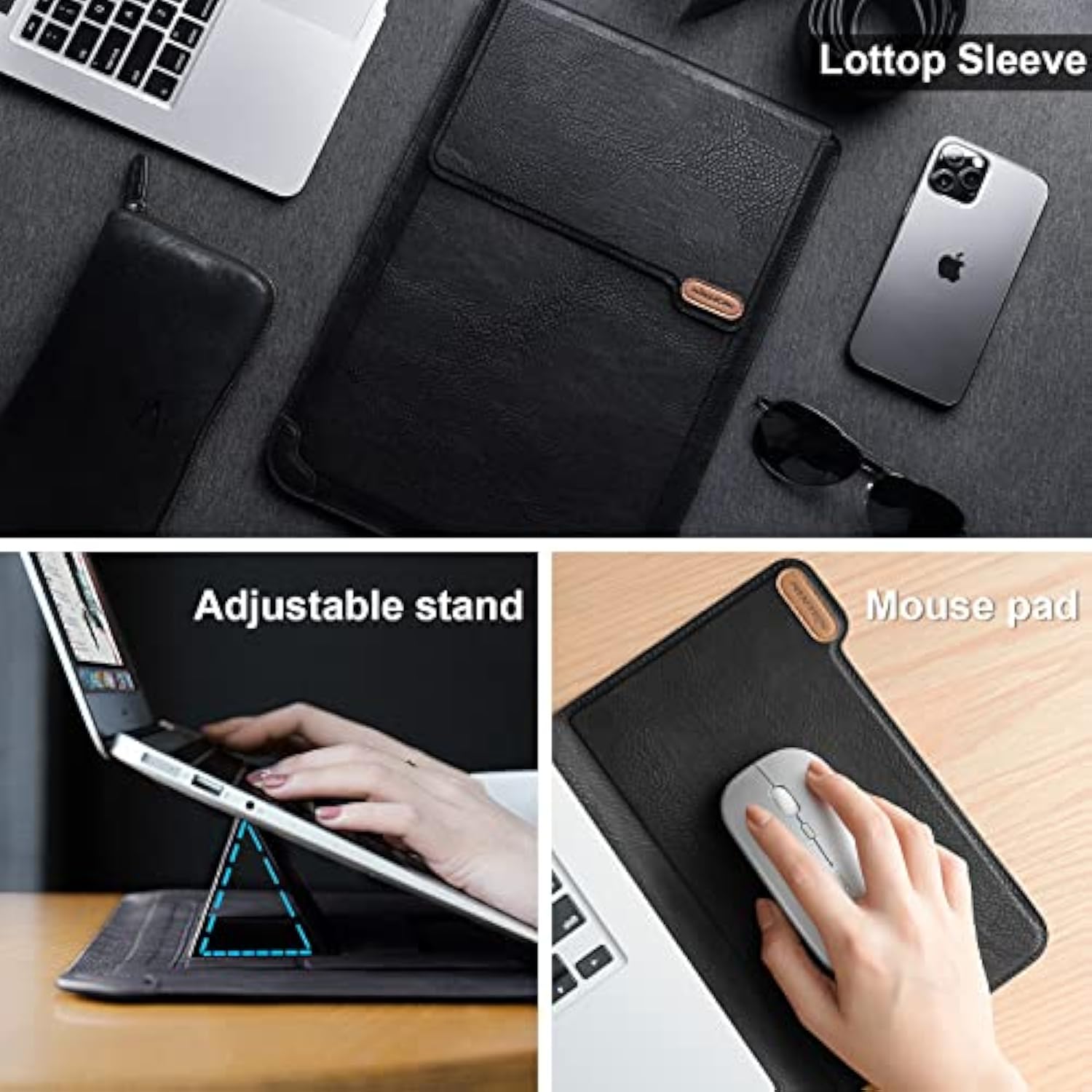 Laptop Sleeve Case With Laptop Stand,13-13.6" Computer Shock Resistant Bag With Mouse Pad For 13" Macbook Pro And Macbook Air 13", Xps 13", Surface Book 13.5", Ipad Pro 12.9", Black Texture