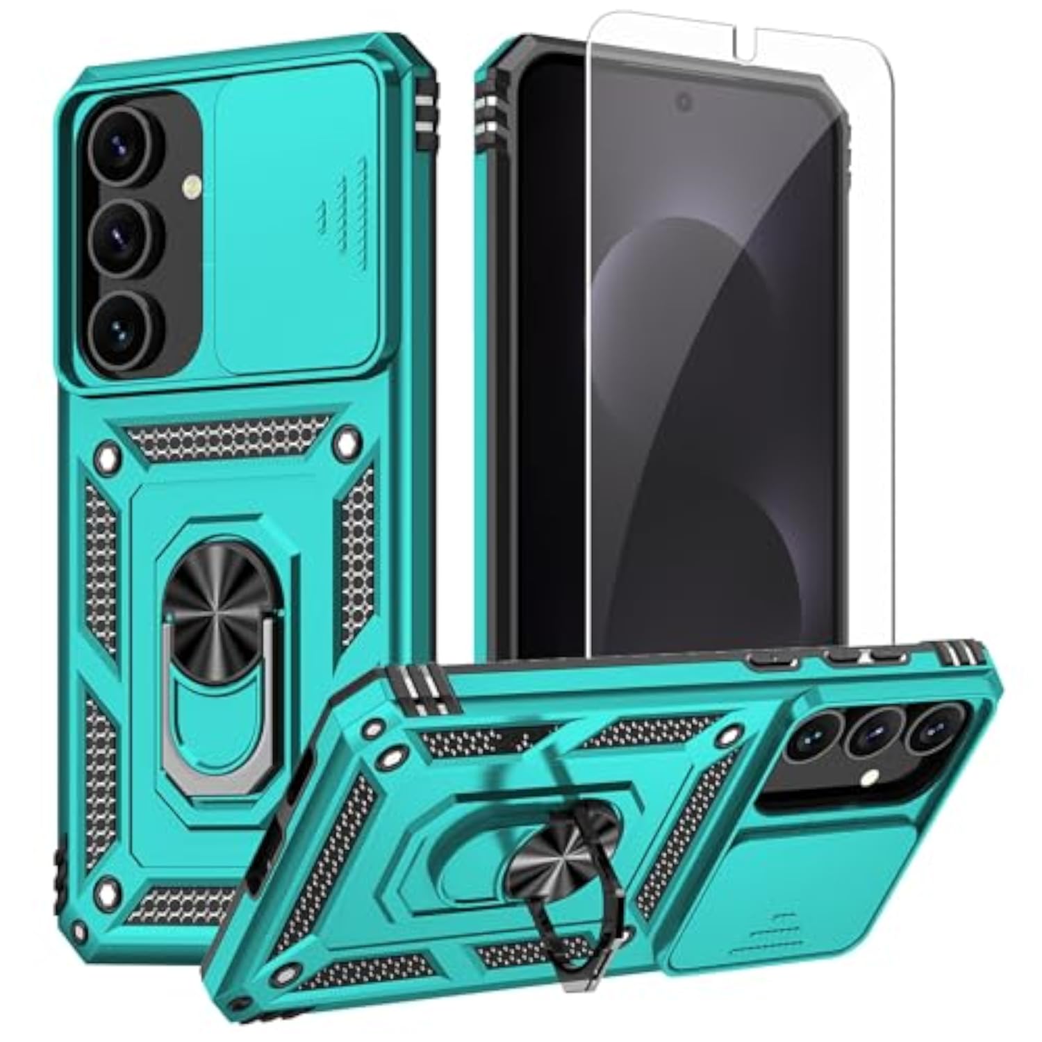 Samsung Galaxy S25 FE Heavy Duty Shockproof Full Body Protective Phone Case with Built-in Slide Camera Lens Cover, Finger Ring Holder Kickstand, and HD Screen Protector, Teal Color