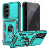 Samsung Galaxy S25 FE Heavy Duty Shockproof Full Body Protective Phone Case with Built-in Slide Camera Lens Cover, Finger Ring Holder Kickstand, and HD Screen Protector, Teal Color