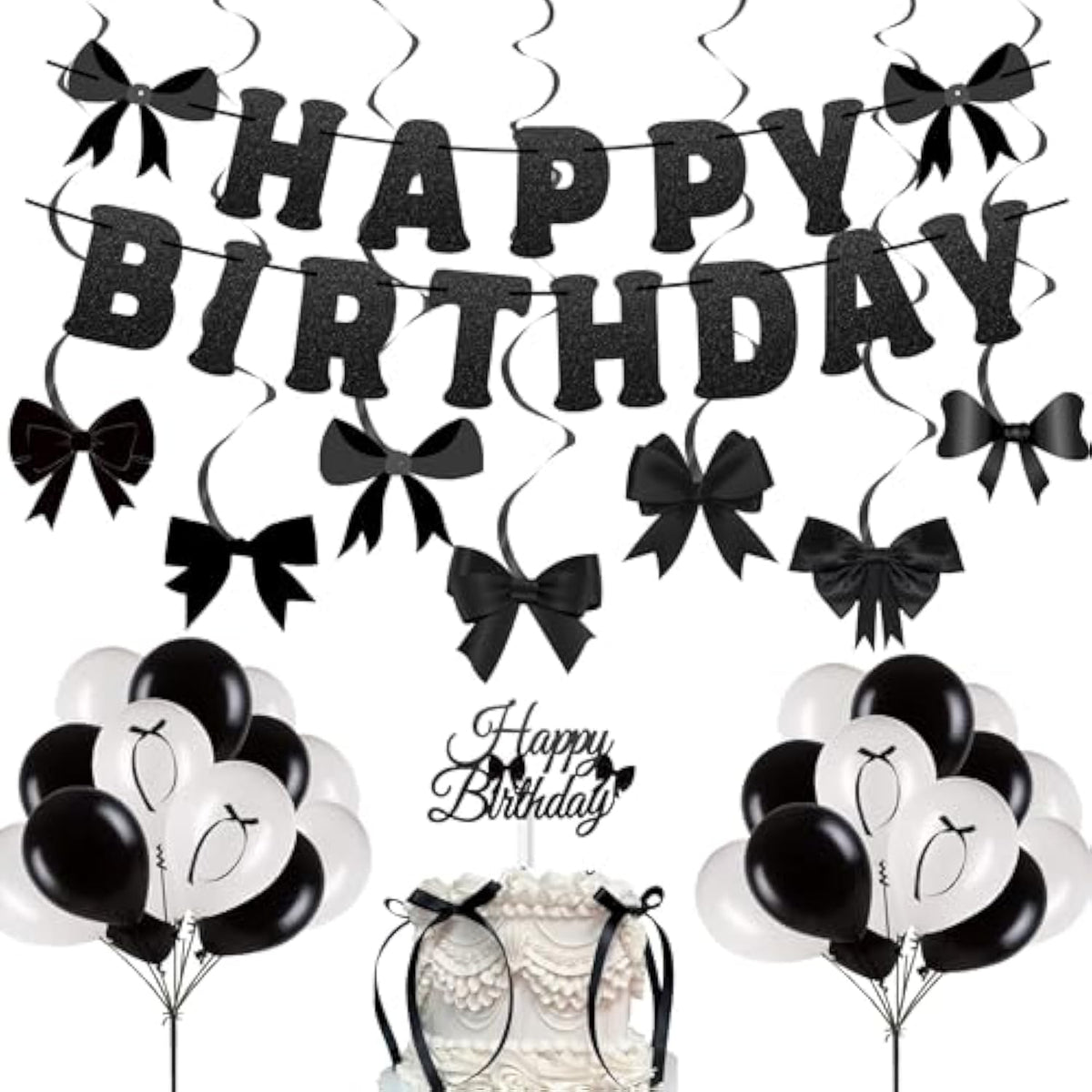 Black Bow Party Decorations — Happy Birthday Banner, Garland & Cake Toppers