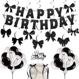 Black Bow Party Decorations — Happy Birthday Banner, Garland & Cake Toppers