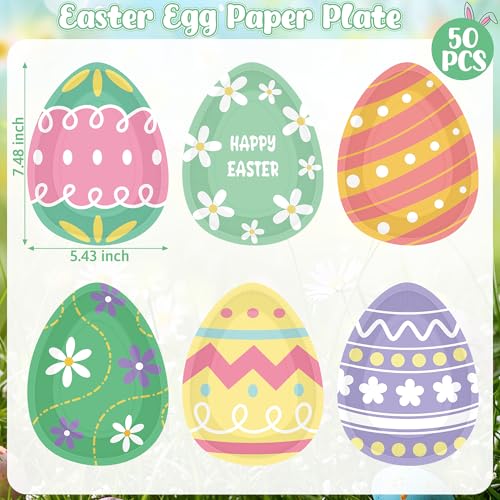 50 Pcs Easter Egg Shaped Paper Plates, 5.43 X 7.48 Inch Spring Dessert Plates Easter Decorations, 6 Designs Egg Shape Tableware, Disposable Bunny Party Table Decor Supplies for Spring Dinnerware