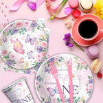 Butterfly First Birthday Plates And Napkins Party Supplies - Girl'S 1St Birthday Decorations, Plate, Cup, Napkin, Fork For One-Year-Old Party Tableware | Serves 24